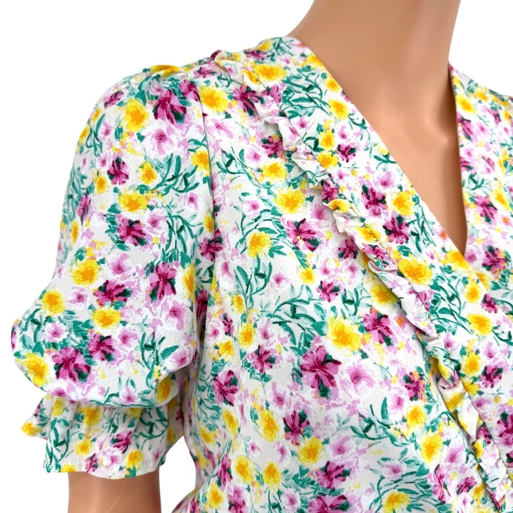 June & Hudson Pink Yellow Faux Wrap Mini Dress M Puff Sleeve Elastic Waist